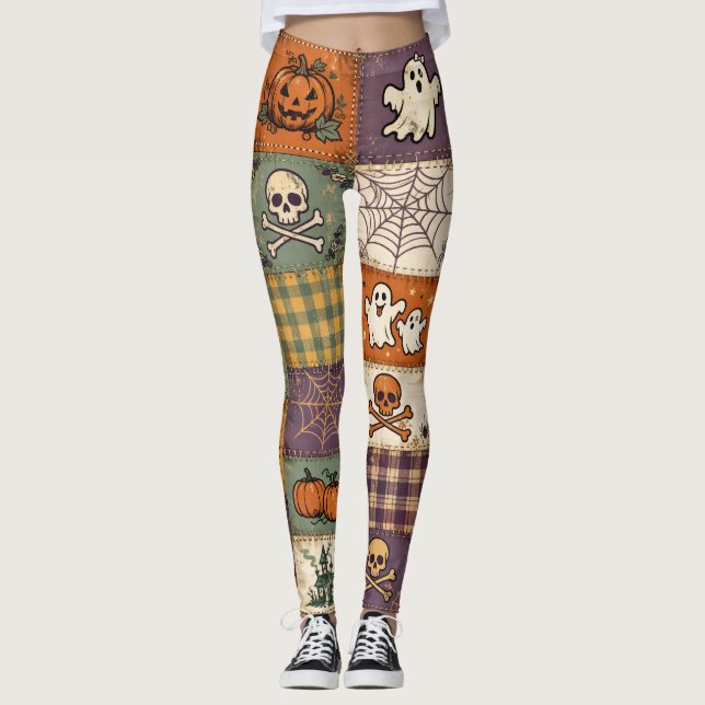 Vintage Halloween-lättpatchworkmotiv Retro-pumpa Leggings (Framsida)