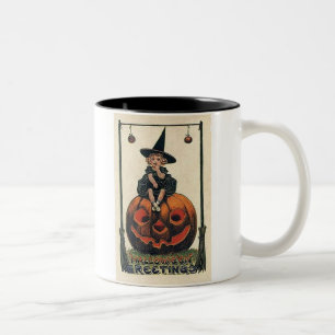 vintage-halloween-lite-flicka-häxa-pumpa-svart Två-Tonad mugg