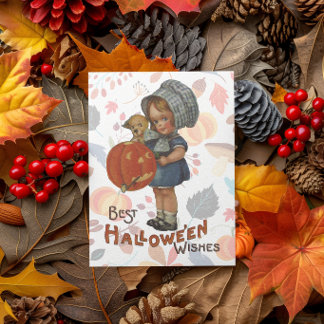 Vintage Halloween Liten flicka med pumpa Kort