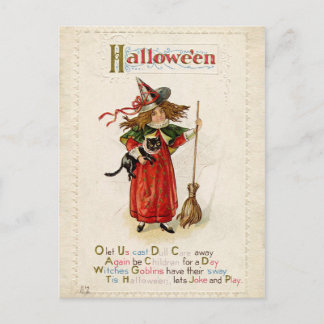 Vintage Halloween Little Witch Girl med en katt Vykort