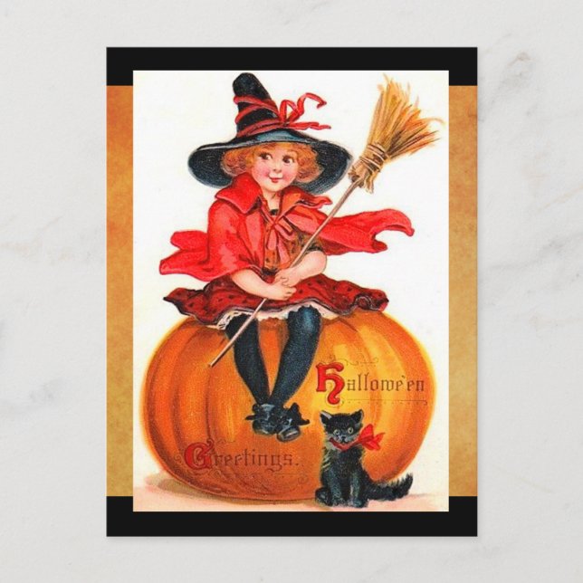 Vintage Halloween Little Witch Vykort (Framsida)