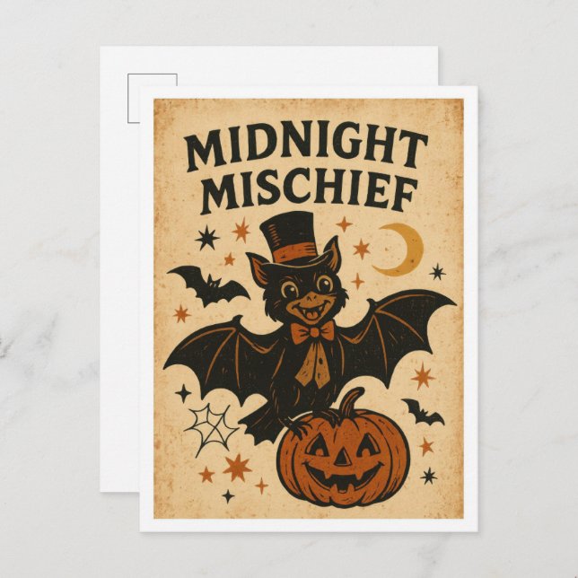 Vintage Halloween Midnight Mischief Vykort (Fram/baksida)