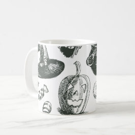 Vintage Halloween-mönster i svart och vitt Kaffemugg