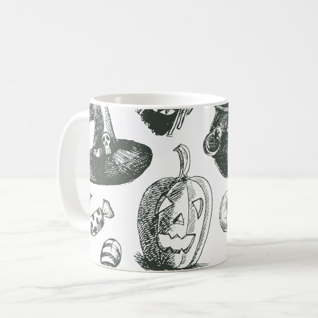 Vintage Halloween-mönster i svart och vitt Kaffemugg (Framsida vänster)