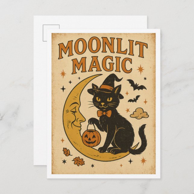 Vintage Halloween Moonlit Magic Vykort (Fram/baksida)