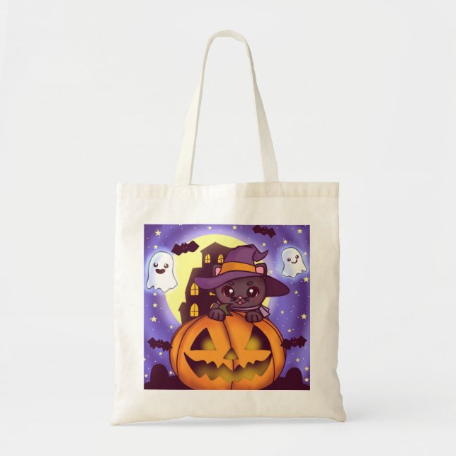 Vintage Halloween-oktober Pumpkin Cat Tygkasse (Framsidan)