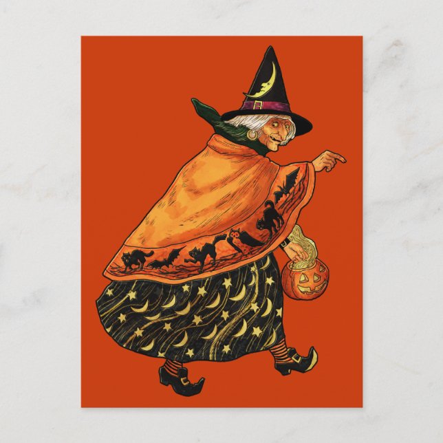 Vintage Halloween Old Witch Vykort (Framsida)