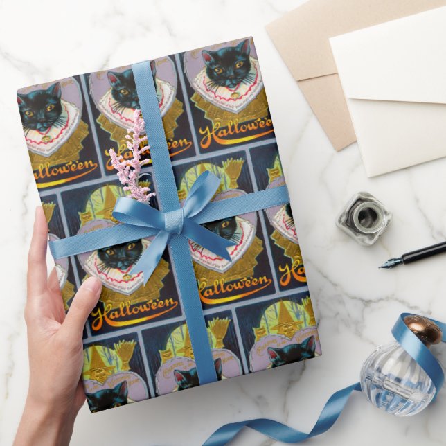 Vintage Halloween-omslag av svart katthäxa party Presentpapper (Gifting)
