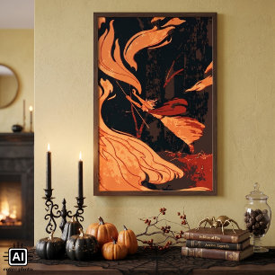 Vintage Halloween, ond häxa med eld i skogen Poster