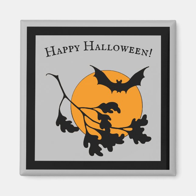 Vintage Halloween Orange Måne Flygande Fladdermöss Magnet (Framsidan)