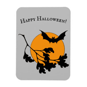Vintage Halloween Orange Måne Flygande Fladdermöss Magnet
