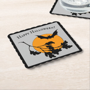 Vintage Halloween Orange Måne Flygande Fladdermöss Underlägg Papper