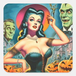 Vintage Halloween Pin-up Fyrkantigt Klistermärke