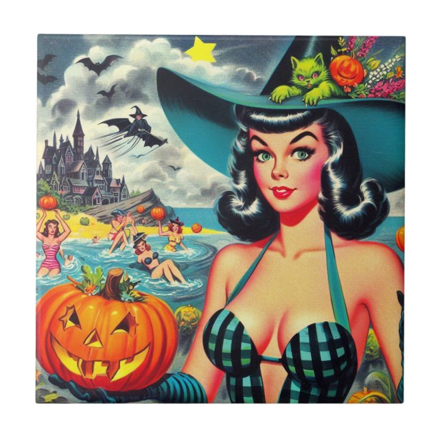 Vintage Halloween Pin-up Kakelplatta (Framsidan)