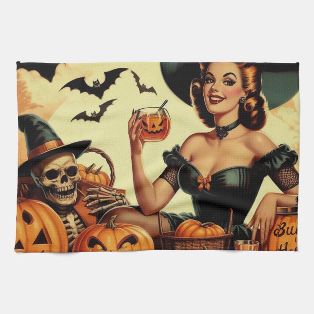 Vintage Halloween Pin-Up Kökshandduk (Horisontell)