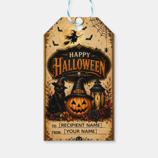 Vintage Halloween-presenttagg | Häxa Pumpa Svart K Presentetikett
