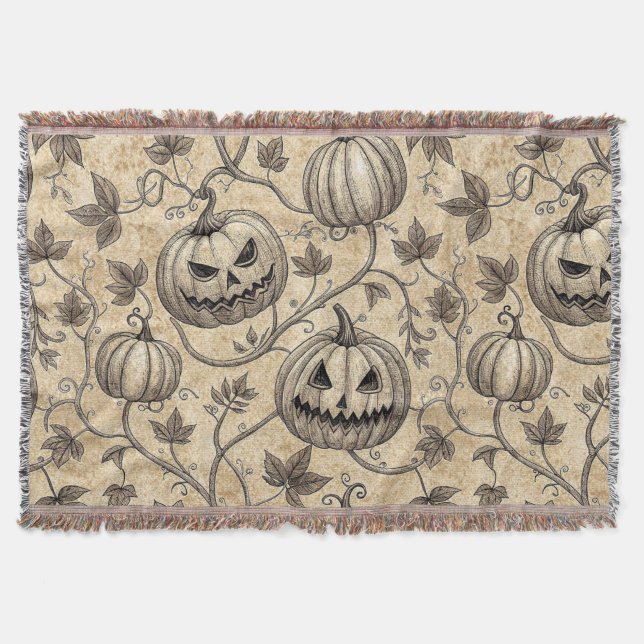 Vintage Halloween-pumpamönster med vinrankor Filt (Framsidan)