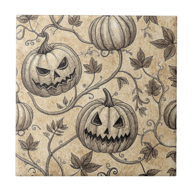 Vintage Halloween-pumpamönster med vinrankor Kakelplatta (Framsidan)