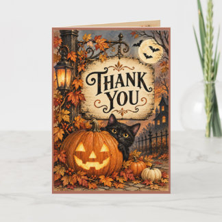 Vintage Halloween Pumpkin Black Cat Thank You Card Kort