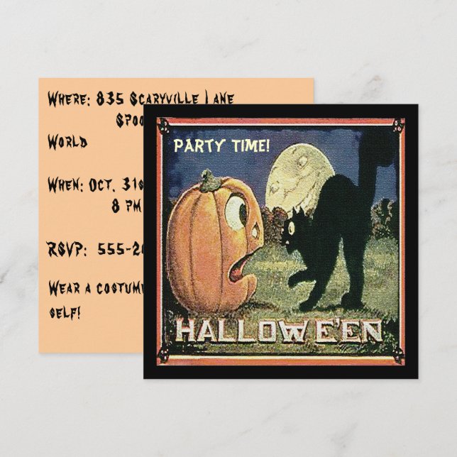 Vintage Halloween Pumpkin & Cat i Mosaic Inbjudningar (Fram/baksida)
