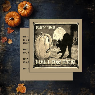 Vintage Halloween Pumpkin Cat i Mosaic Sepia Inbjudningar