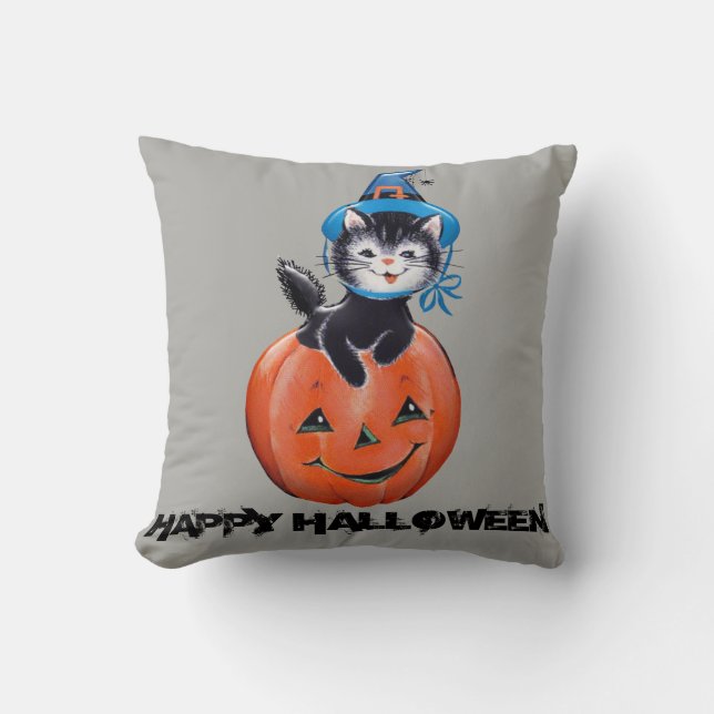 Vintage Halloween Pumpkin Cat med Witch Hat Kudde (Framsida)