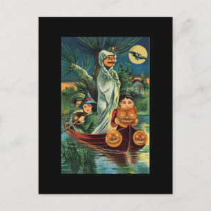 Vintage Halloween Pumpkin Ghost Postcard Vykort