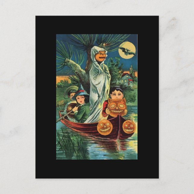 Vintage Halloween Pumpkin Ghost Postcard Vykort (Framsida)