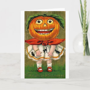 Vintage Halloween Pumpkin Head Girl Kort