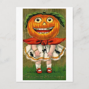 Vintage Halloween Pumpkin Head Girl Vykort