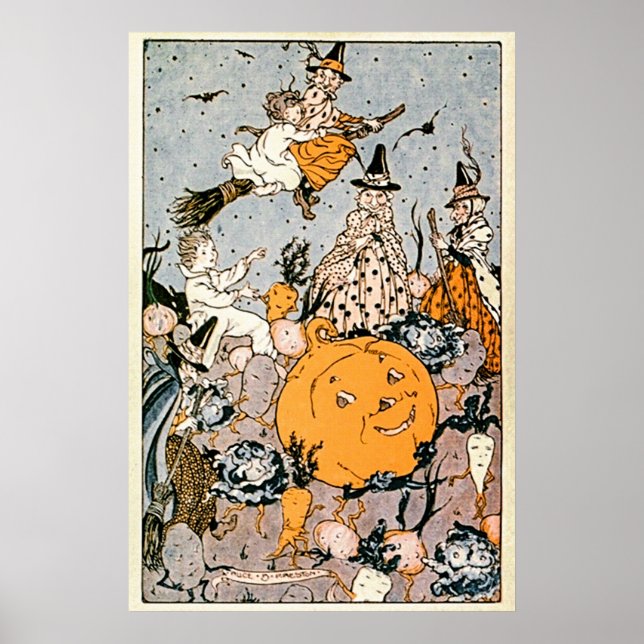 Vintage Halloween Pumpkin och Witches with Brooms Poster (Framsidan)