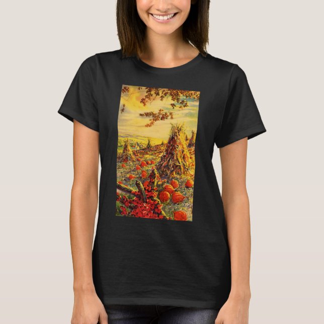 Vintage Halloween Pumpkin Patch med Haystacks T Shirt (Framsida)