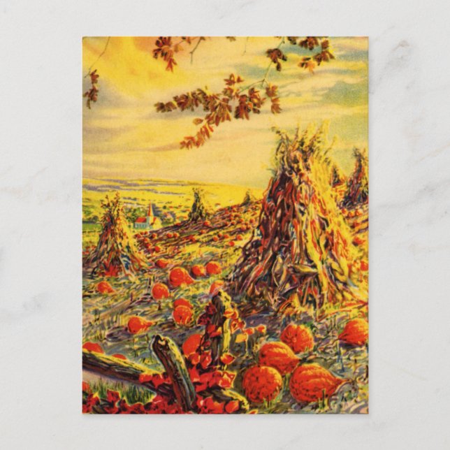 Vintage Halloween Pumpkin Patch med Haystacks Vykort (Framsida)