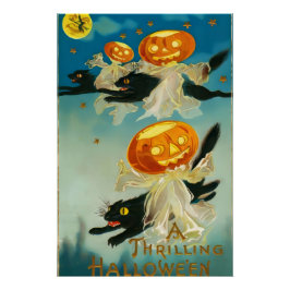 Vintage Halloween Pumpkin Spöken och Svarta katter Perfect Poster