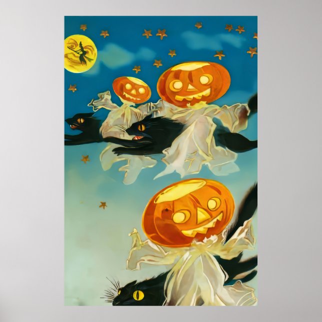 Vintage Halloween Pumpkin Spöken och Svarta katter Poster (Framsidan)