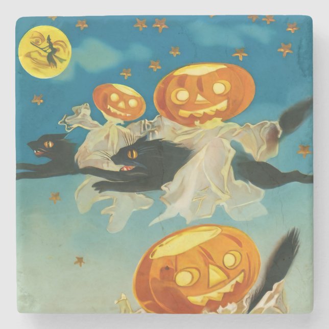 Vintage Halloween Pumpkin Spöken och Svarta katter Stenunderlägg (Framsidan)