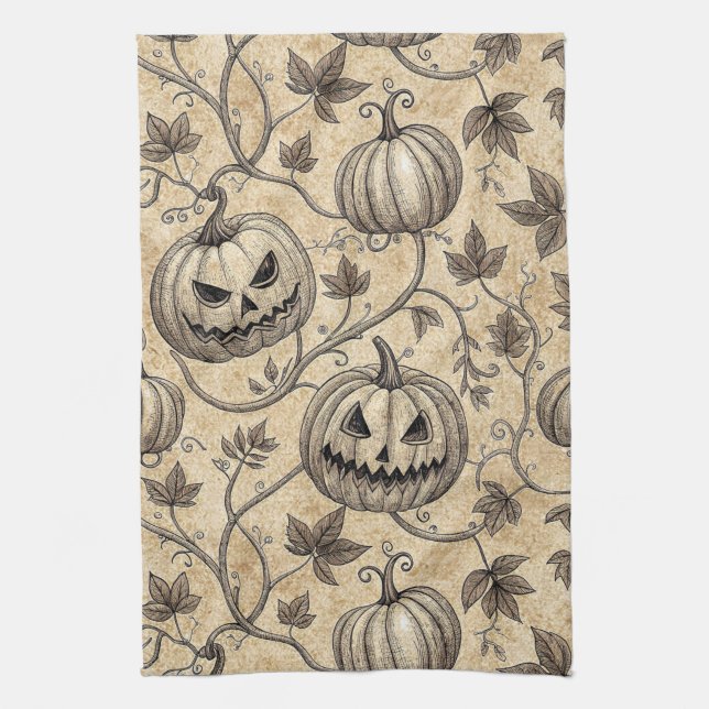 Vintage Halloween Pumpkin Vine Mönster Kökshandduk (Vertikal)