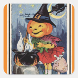 Vintage Halloween Pumpkin Witch Girl Fyrkantigt Klistermärke
