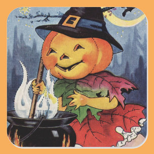 Vintage Halloween Pumpkin Witch Square Sticker Fyrkantigt Klistermärke