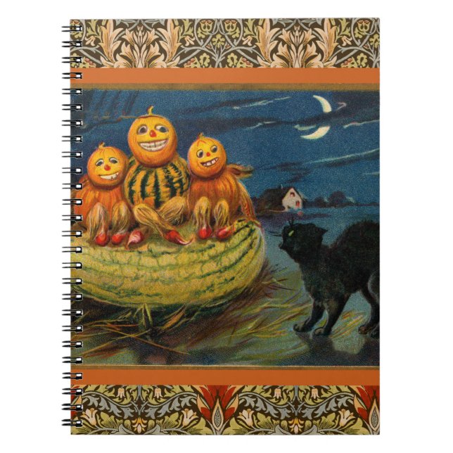 Vintage Halloween Pumpkins Black Cat Anteckningsbok Med Spiral (Framsidan)