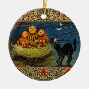 Vintage Halloween Pumpkins Black Cat Julgransprydnad Keramik
