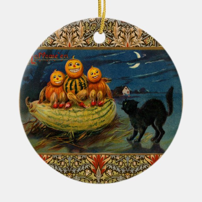 Vintage Halloween Pumpkins Black Cat Julgransprydnad Keramik (Framsidan)