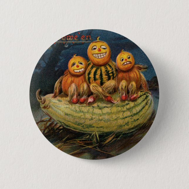 Vintage Halloween Pumpkins Black Cat Knapp (Framsida)