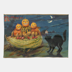 Vintage Halloween Pumpkins Black Cat Kökshandduk