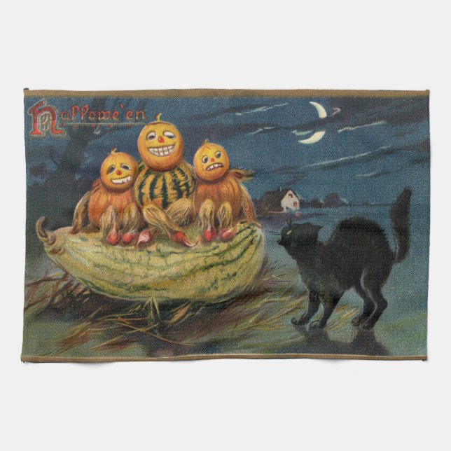 Vintage Halloween Pumpkins Black Cat Kökshandduk (Horisontell)
