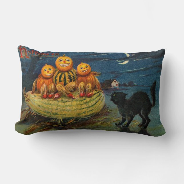 Vintage Halloween Pumpkins Black Cat Lumbarkudde (Framsida)