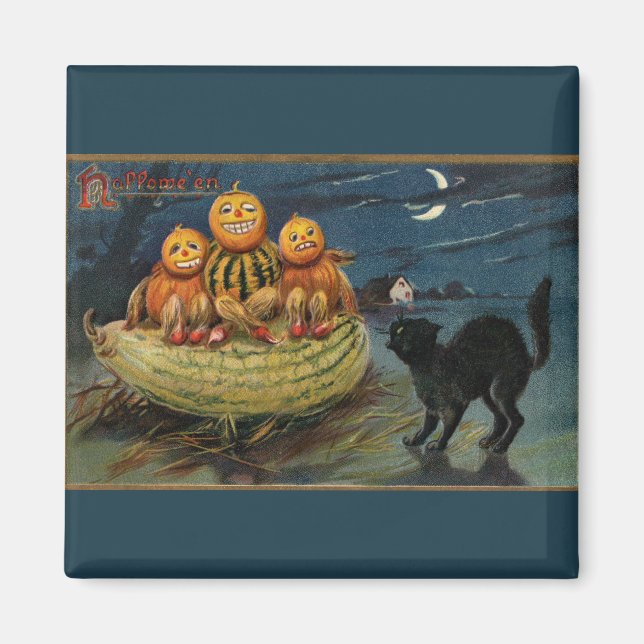 Vintage Halloween Pumpkins Black Cat Magnet (Framsidan)