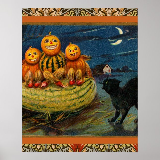 Vintage Halloween Pumpkins Black Cat Poster (Framsidan)