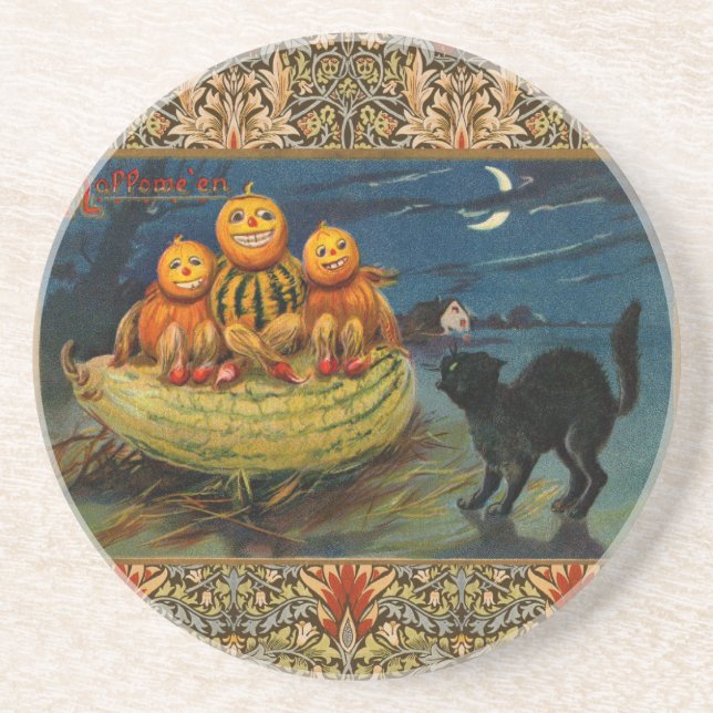 Vintage Halloween Pumpkins Black Cat Underlägg Sandsten (Framsidan)