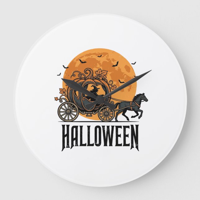 Vintage Halloween-pumpkinvagn Häxdesign_1 Stor Klocka (Framsida)